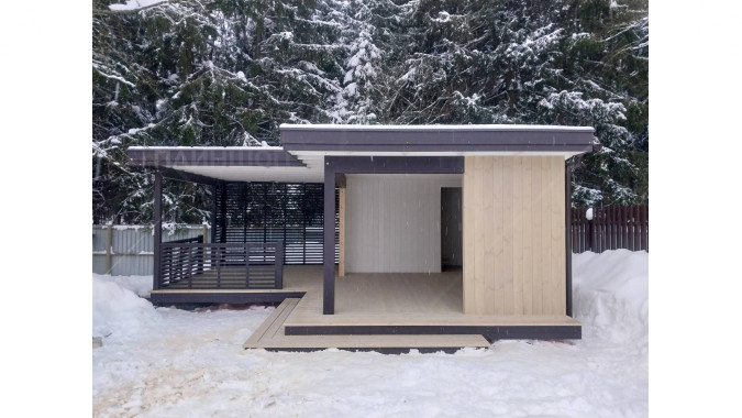 Павильон Скаут угловой 6,49х6,95 с безрамным остеклением