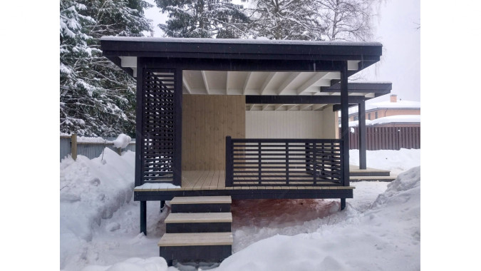 Павильон Скаут угловой 6,49х6,95 с безрамным остеклением