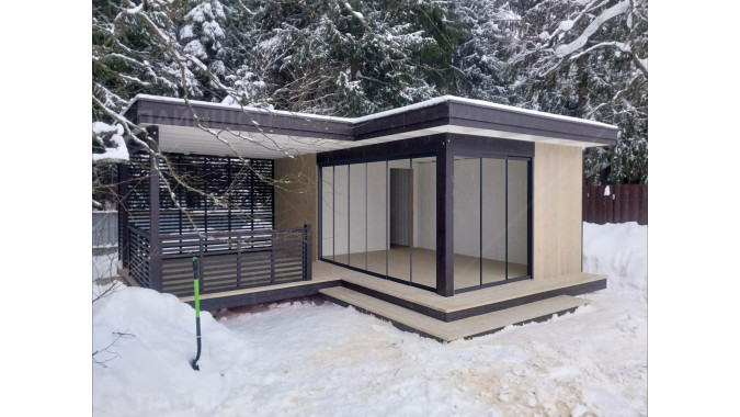 Павильон Скаут угловой 6,49х6,95 с безрамным остеклением