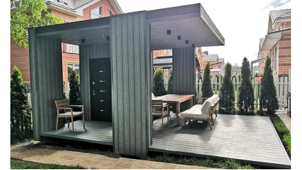 Беседка хайтек с террасой и хозблоком 4х6,5